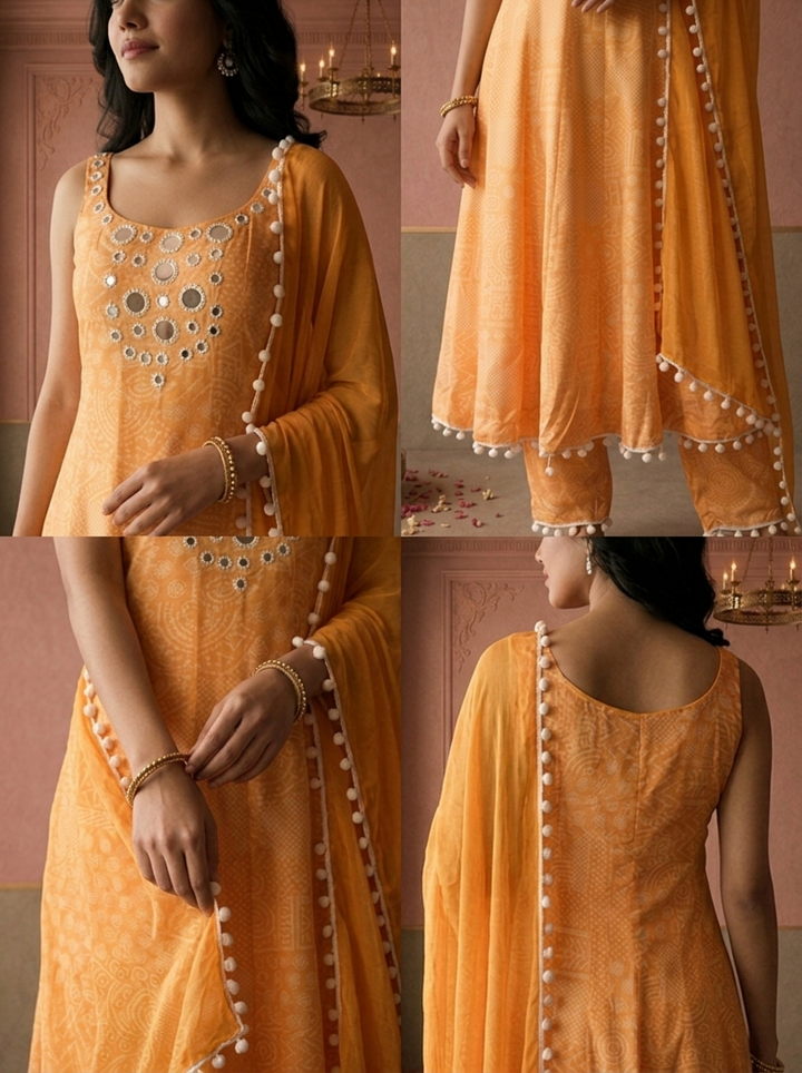 Yellow Chinon Bandhej Tribal Patch Printed Three Piece Set