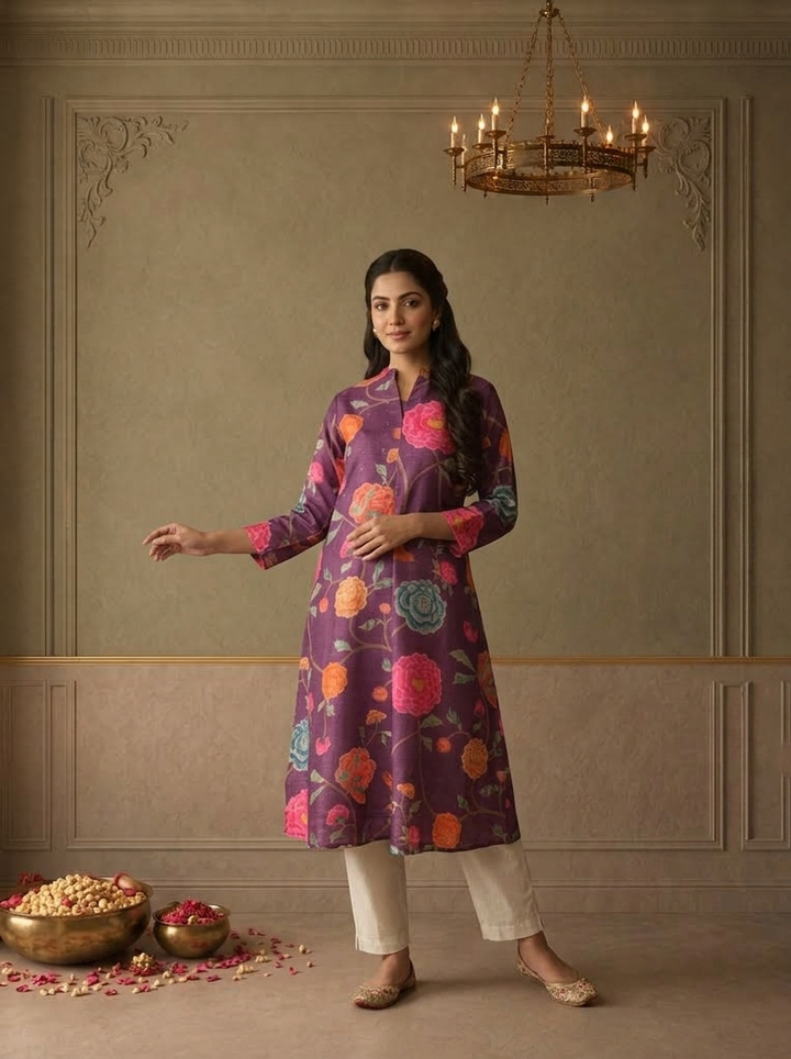 Purple Muslin Chintz Peony Floral Vine Printed Kurta