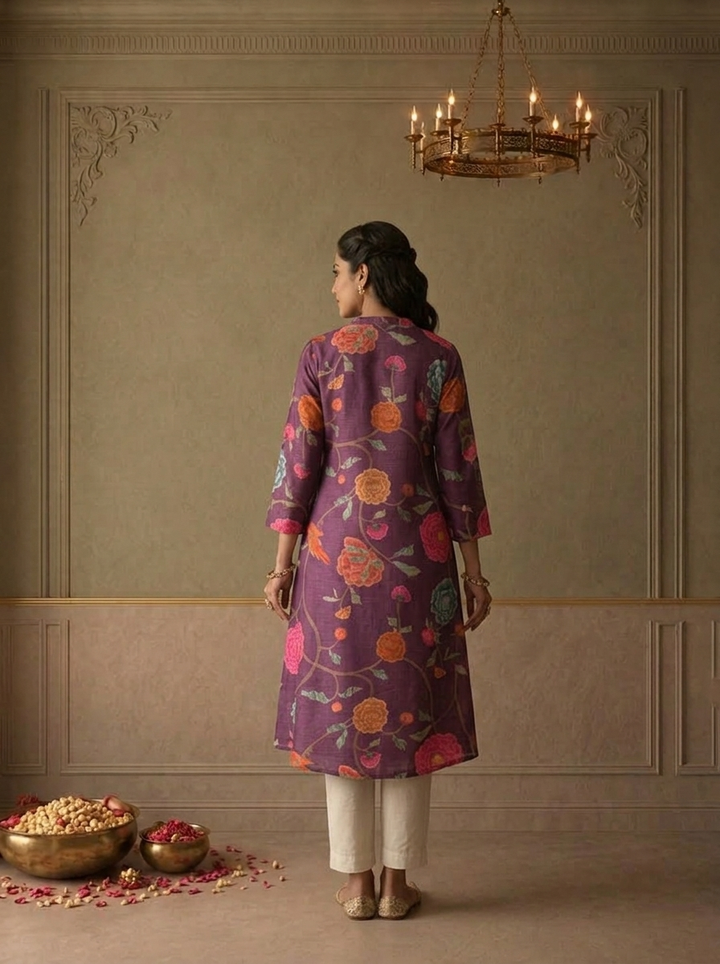 Purple Muslin Chintz Peony Floral Vine Printed Kurta