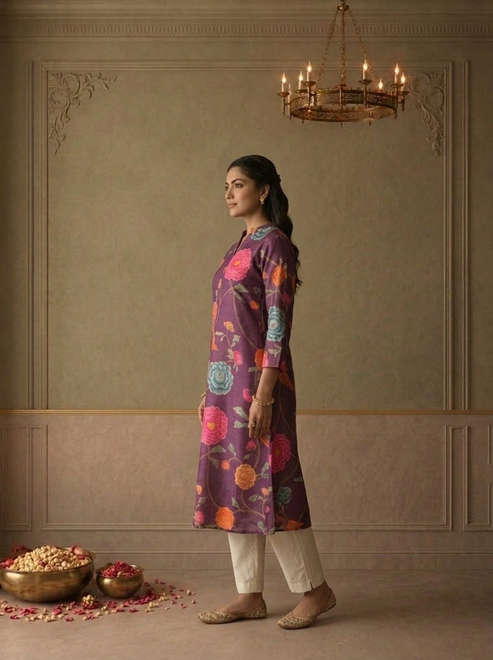 Purple Muslin Chintz Peony Floral Vine Printed Kurta