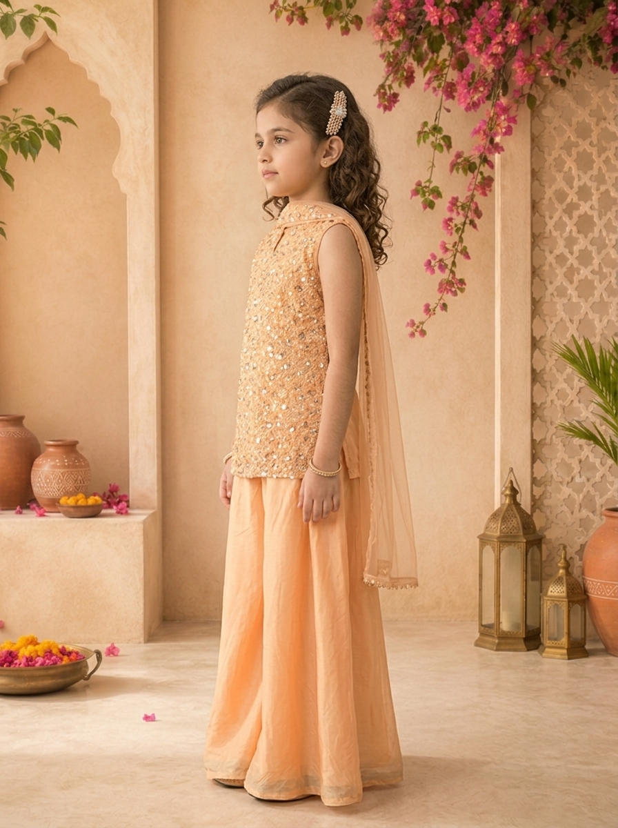 Peach Tissue Sequins Embroidered Palazzo Set