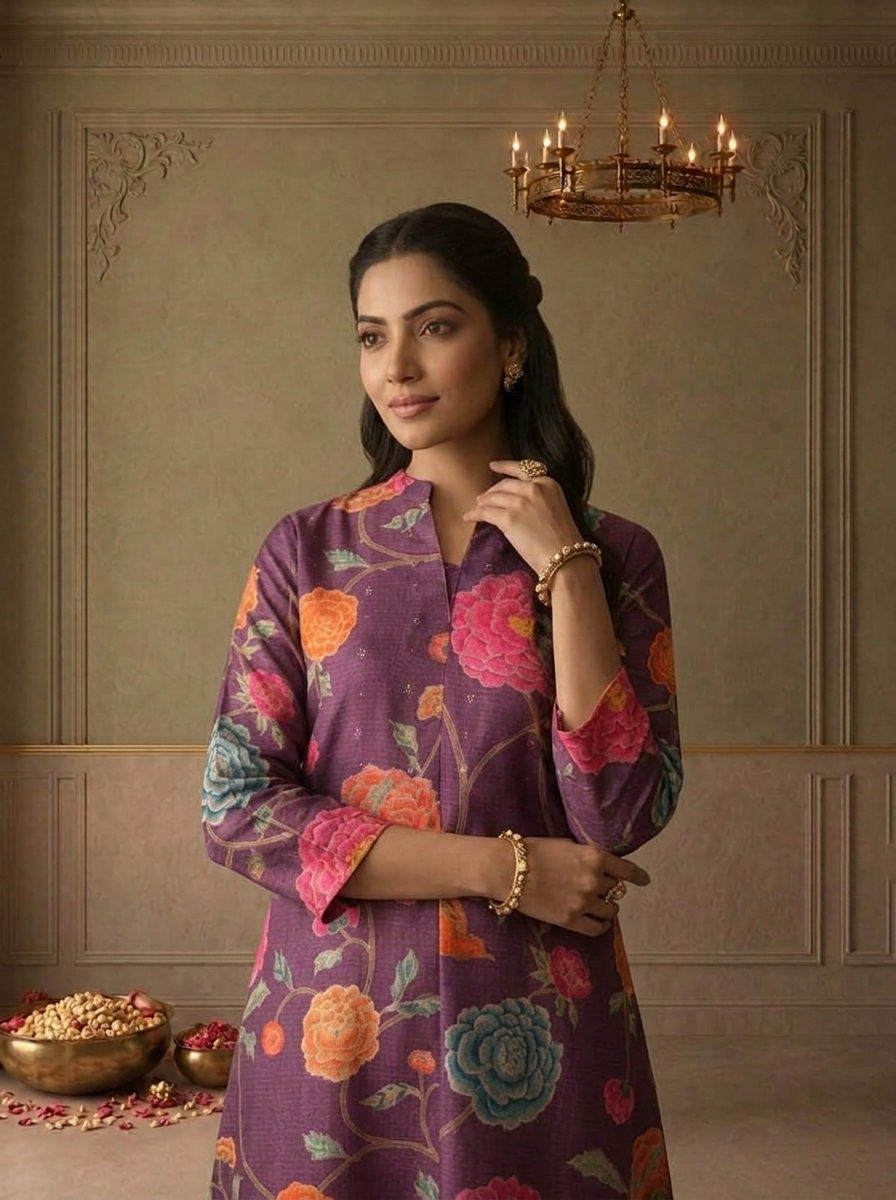Purple Muslin Chintz Peony Floral Vine Printed Kurta