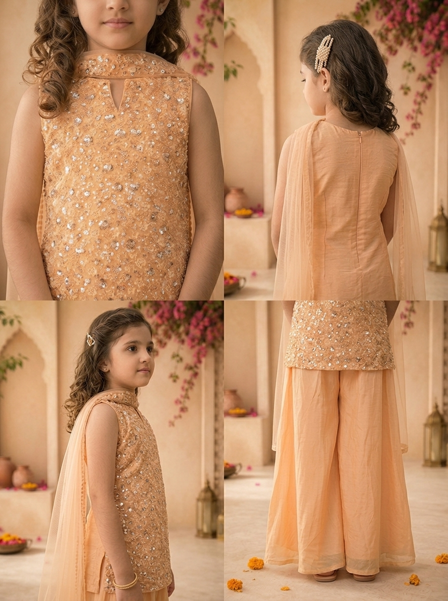 Peach Tissue Sequins Embroidered Palazzo Set