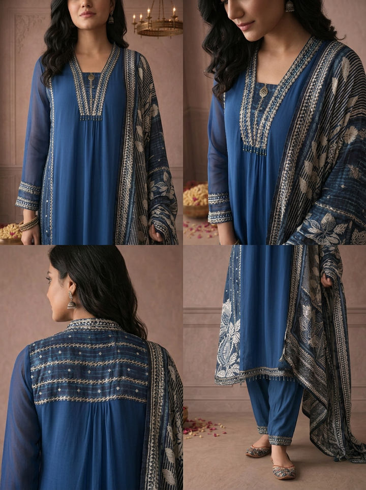 Indigo Georgette Bold Floral Printed Three Piece Set