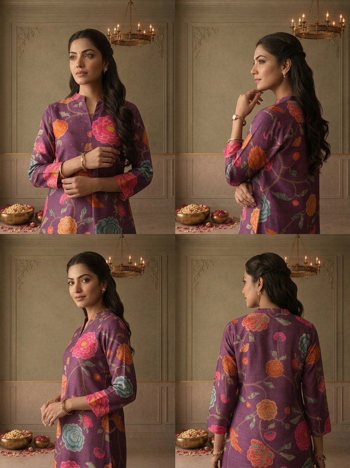 Purple Muslin Chintz Peony Floral Vine Printed Kurta