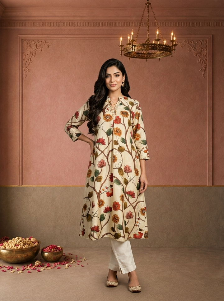 Cream Muslin Lotus Floral Tree Printed Kurta