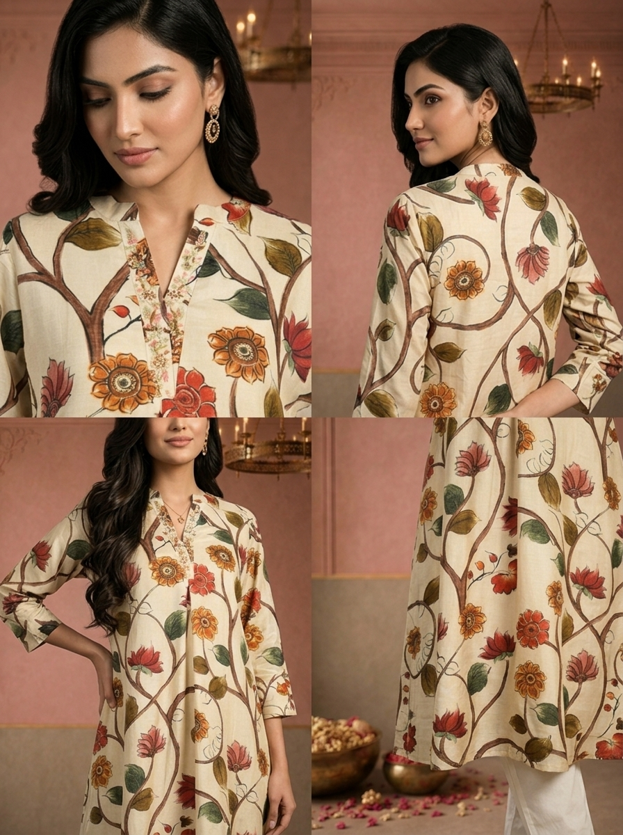 Cream Muslin Lotus Floral Tree Printed Kurta