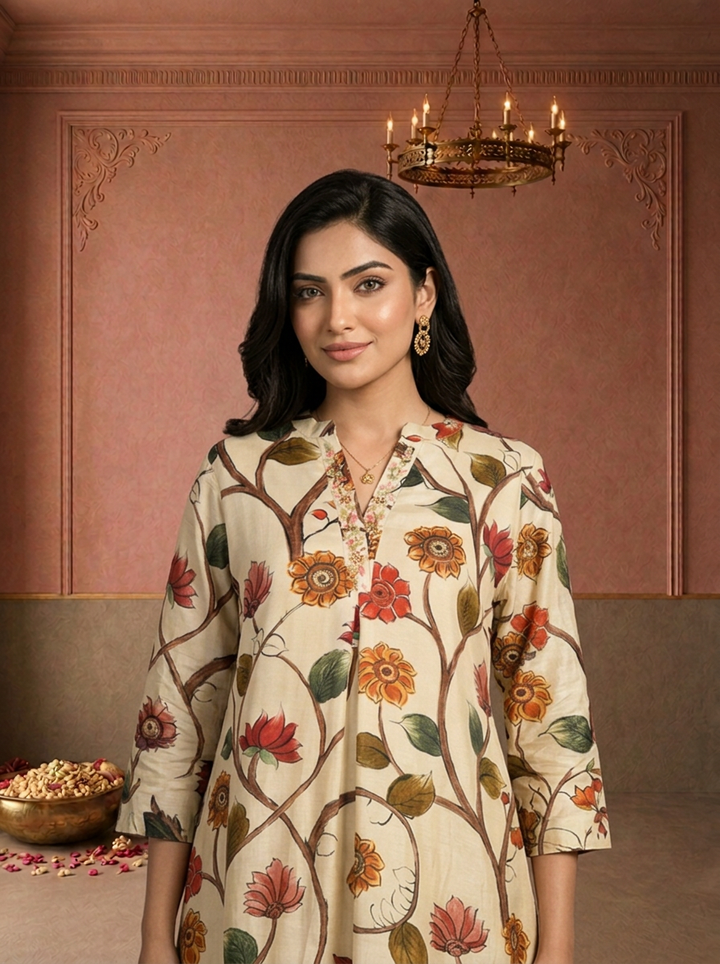 Cream Muslin Lotus Floral Tree Printed Kurta