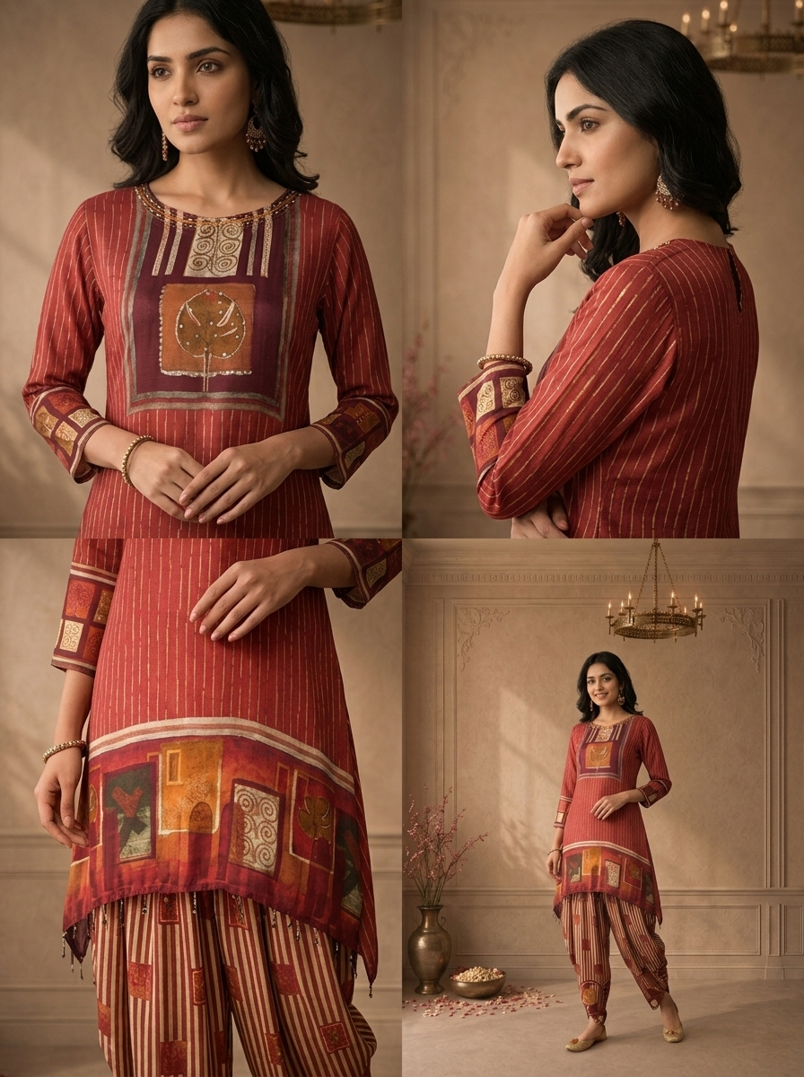 Maroon Crepe Ajrakh Printed Two Piece Set