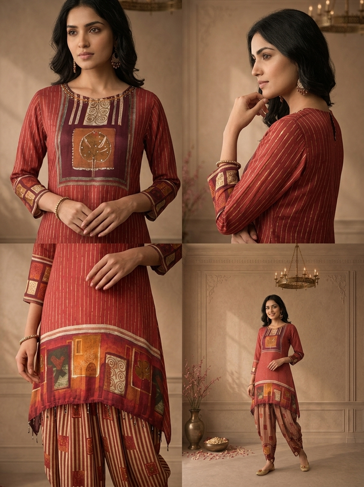 Maroon Crepe Ajrakh Printed Two Piece Set