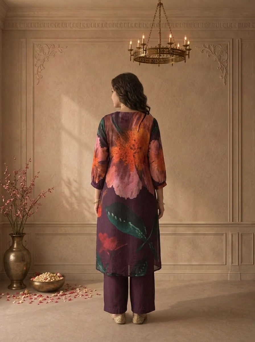 Wine Muslin Watercolor Floral Printed Three Piece Set