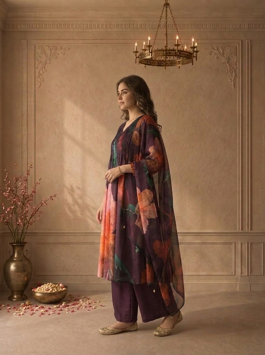 Wine Muslin Watercolor Floral Printed Three Piece Set