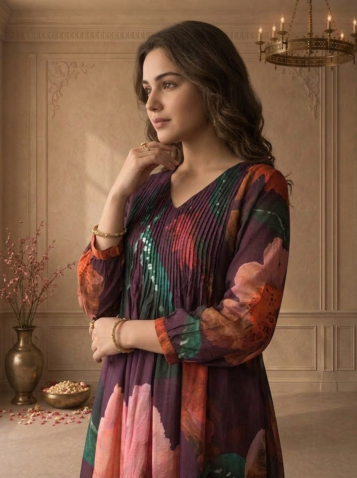 Wine Muslin Watercolor Floral Printed Three Piece Set