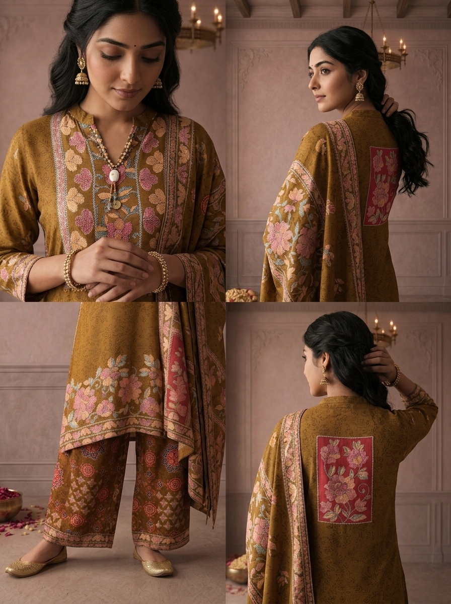Green Crepe Floral Jaal Printed Three Piece Set