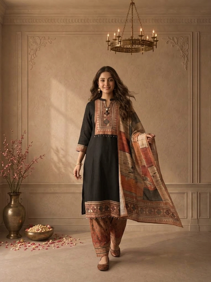 Black Silk Ethnic Patchwork Printed Three Piece Set