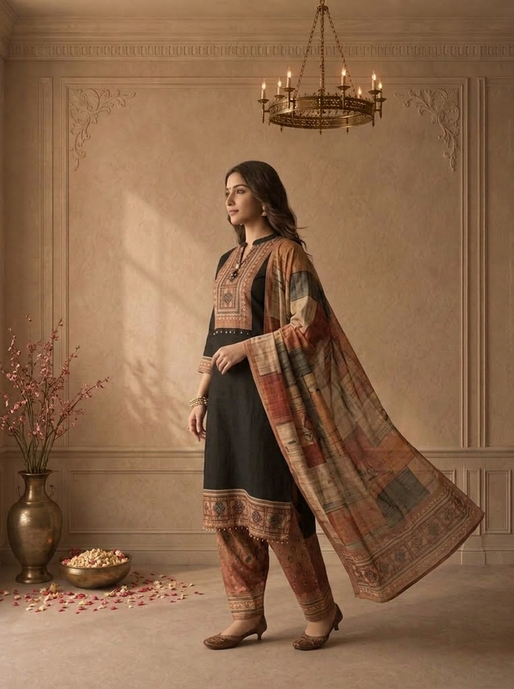 Black Silk Ethnic Patchwork Printed Three Piece Set