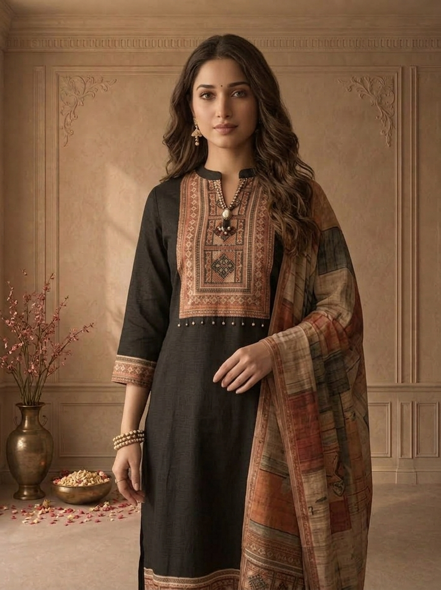 Black Silk Ethnic Patchwork Printed Three Piece Set