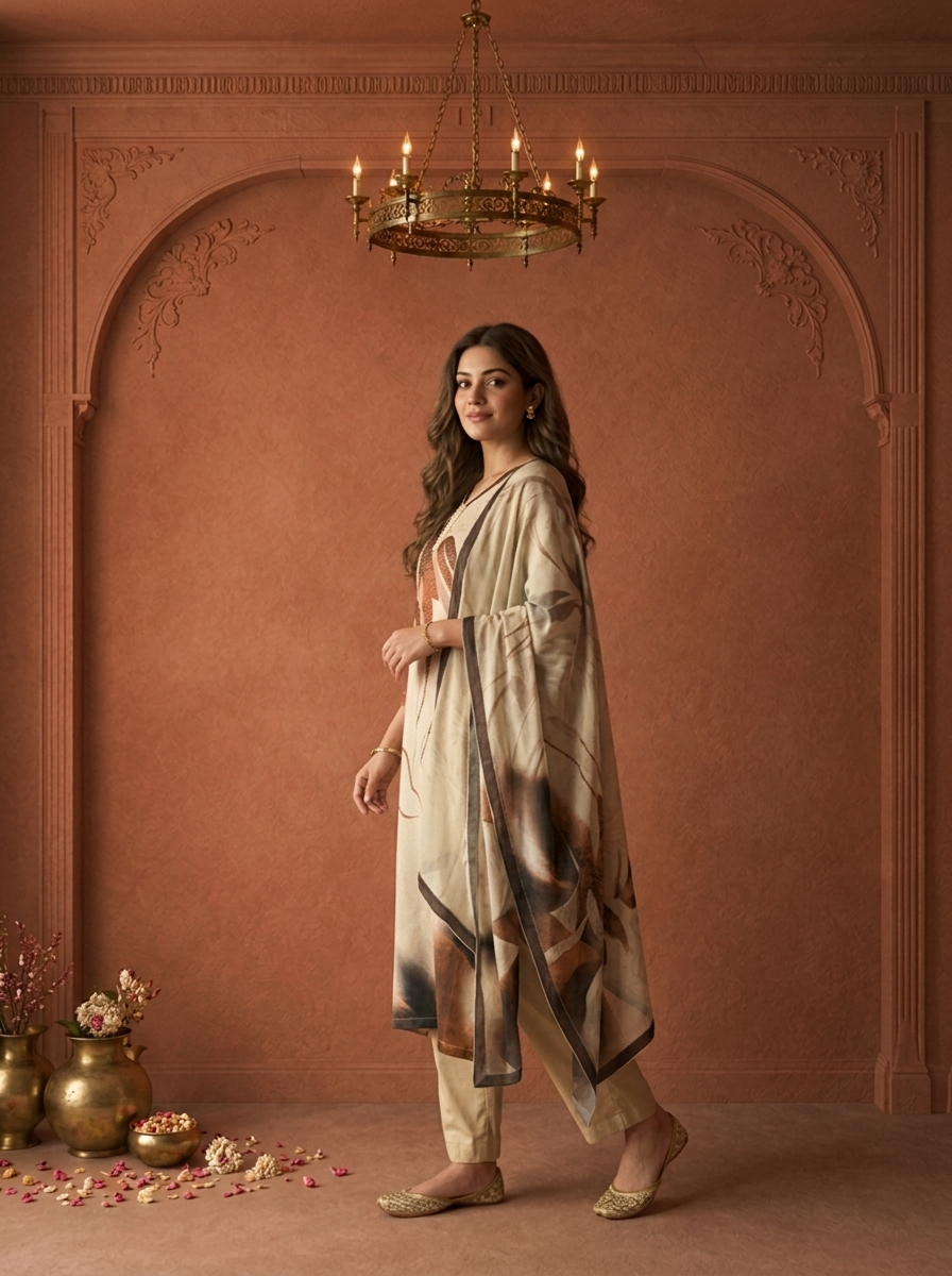 Beige Linen Abstract Leaf Printed Three Piece Set