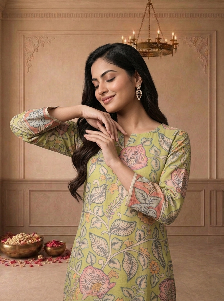 Green Muslin Chintz Floral Vine Printed Kurta