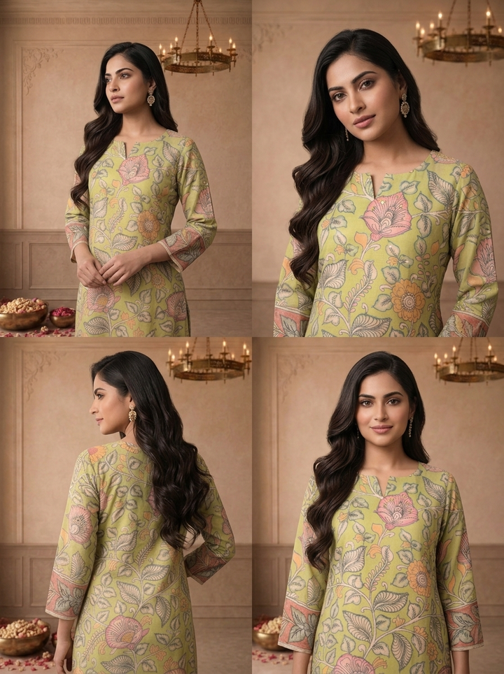 Green Muslin Chintz Floral Vine Printed Kurta