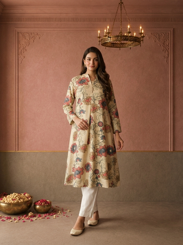 Beige Muslin Floral Vine Printed Kurta