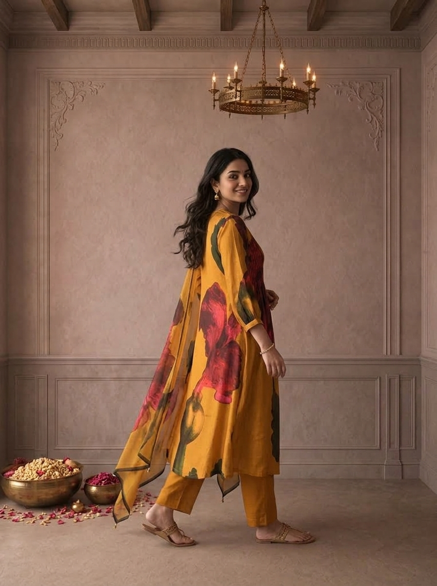 Mustard Yellow Muslin Watercolor Floral Printed Three Piece Set