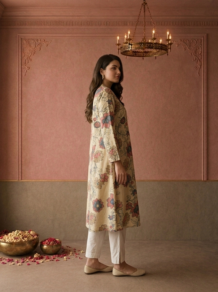 Beige Muslin Floral Vine Printed Kurta