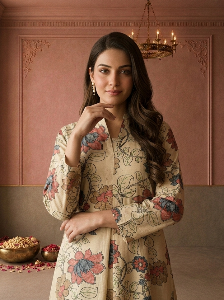 Beige Muslin Floral Vine Printed Kurta