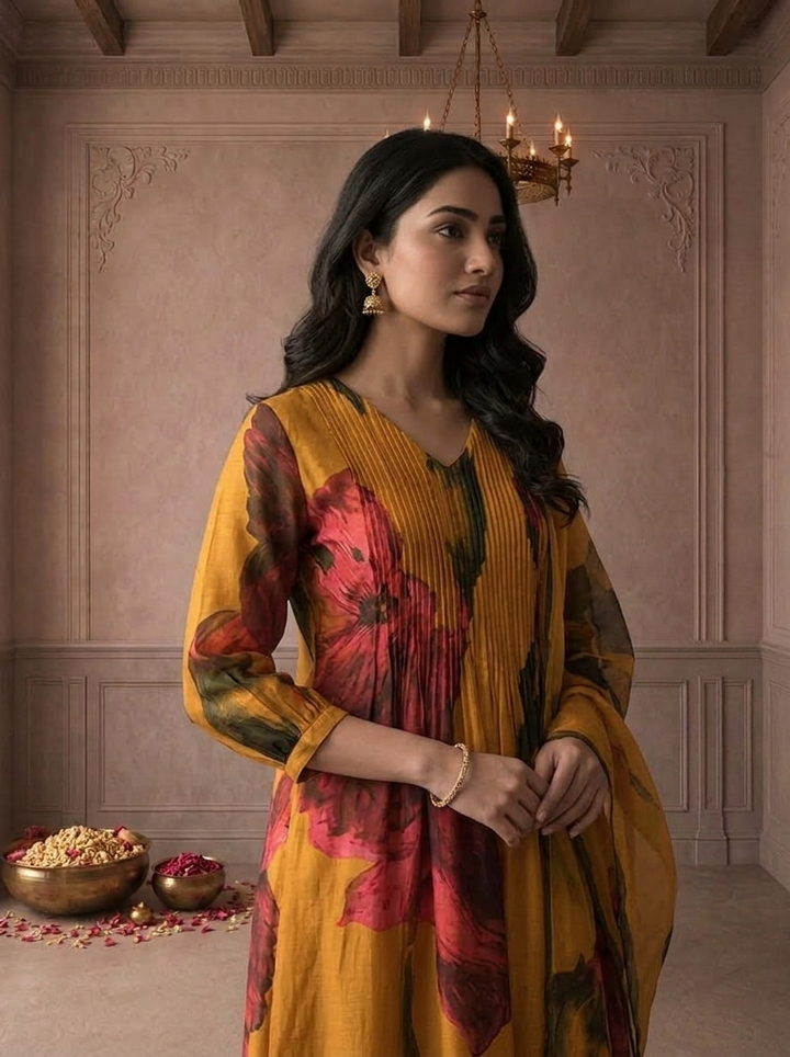 Mustard Yellow Muslin Watercolor Floral Printed Three Piece Set