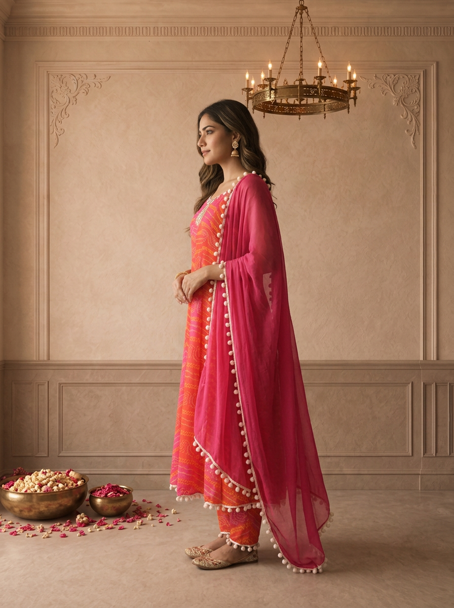 Magenta Chinon Bandhani Leheriya Printed Three Piece Set
