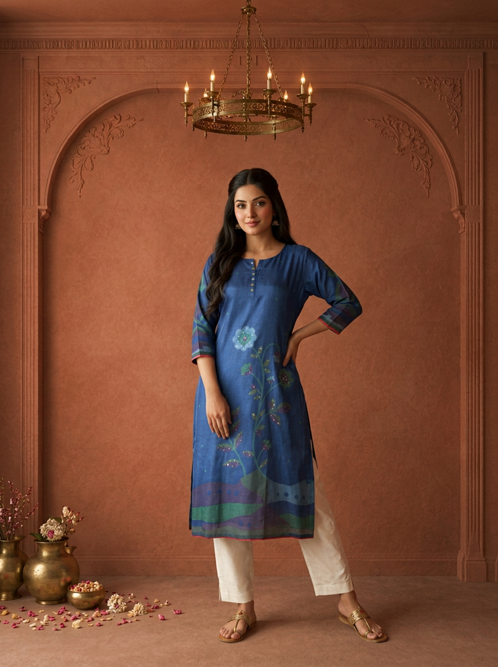 Blue Muslin Art Floral Stem Printed Kurta