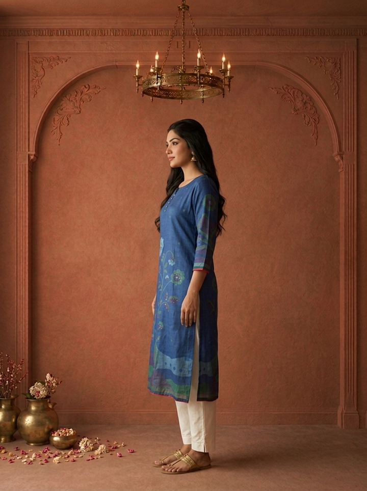 Blue Muslin Art Floral Stem Printed Kurta
