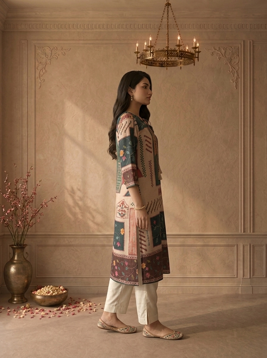 Beige Muslin Folk Patchwork Printed Kurta