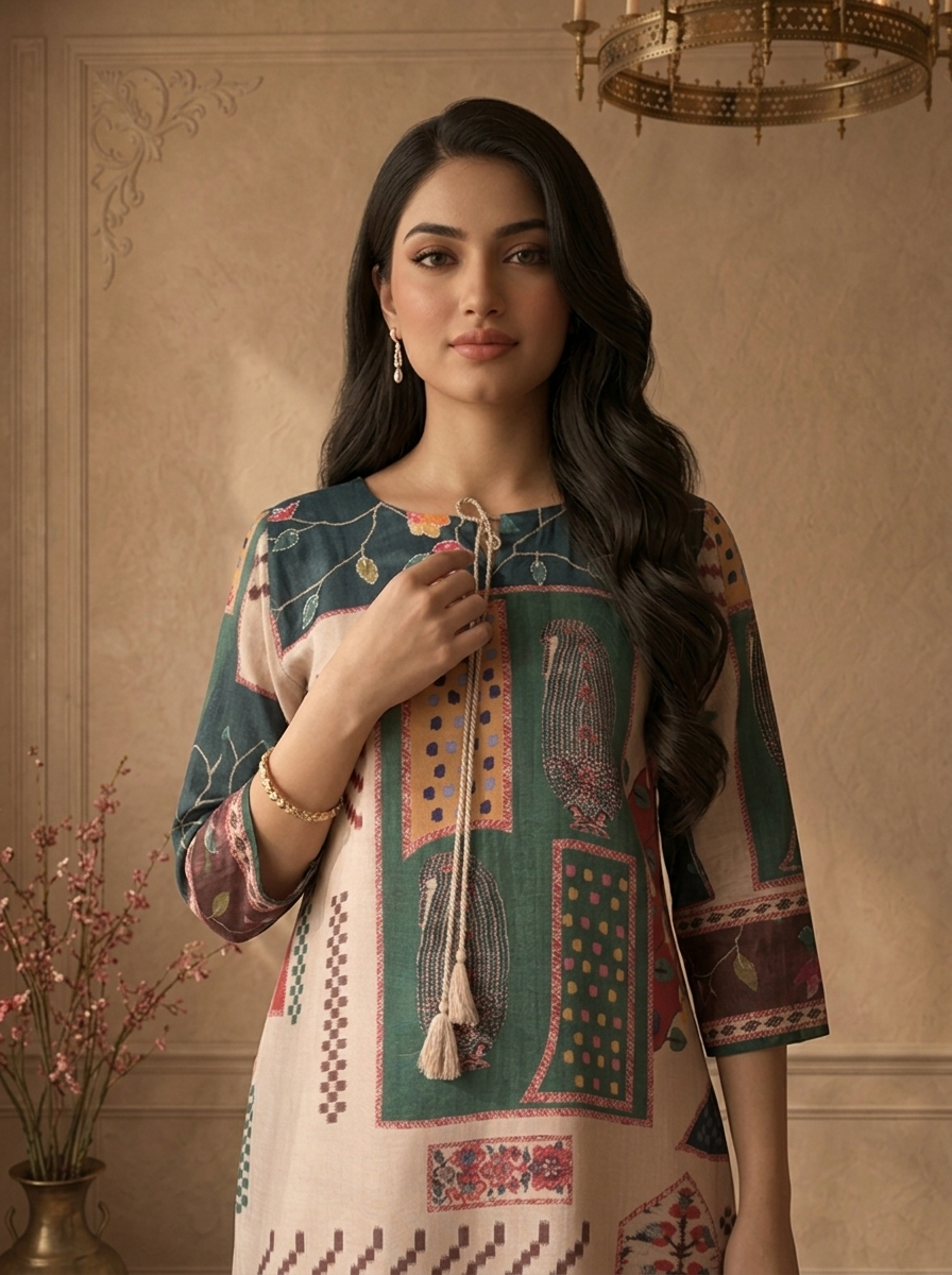 Beige Muslin Folk Patchwork Printed Kurta