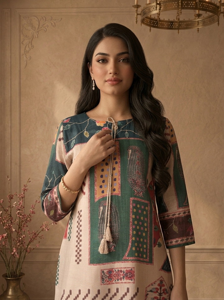 Beige Muslin Folk Patchwork Printed Kurta