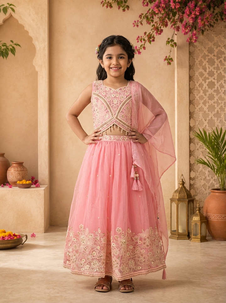 Pink Tissue Floral Stone And Thread Embroidered Ghagra Set