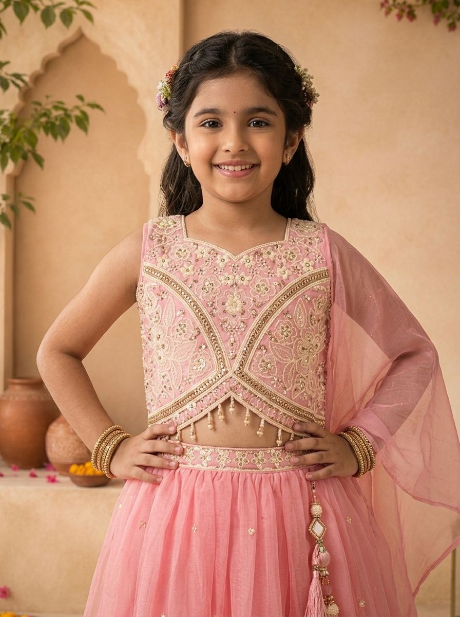 Pink Tissue Floral Stone And Thread Embroidered Ghagra Set