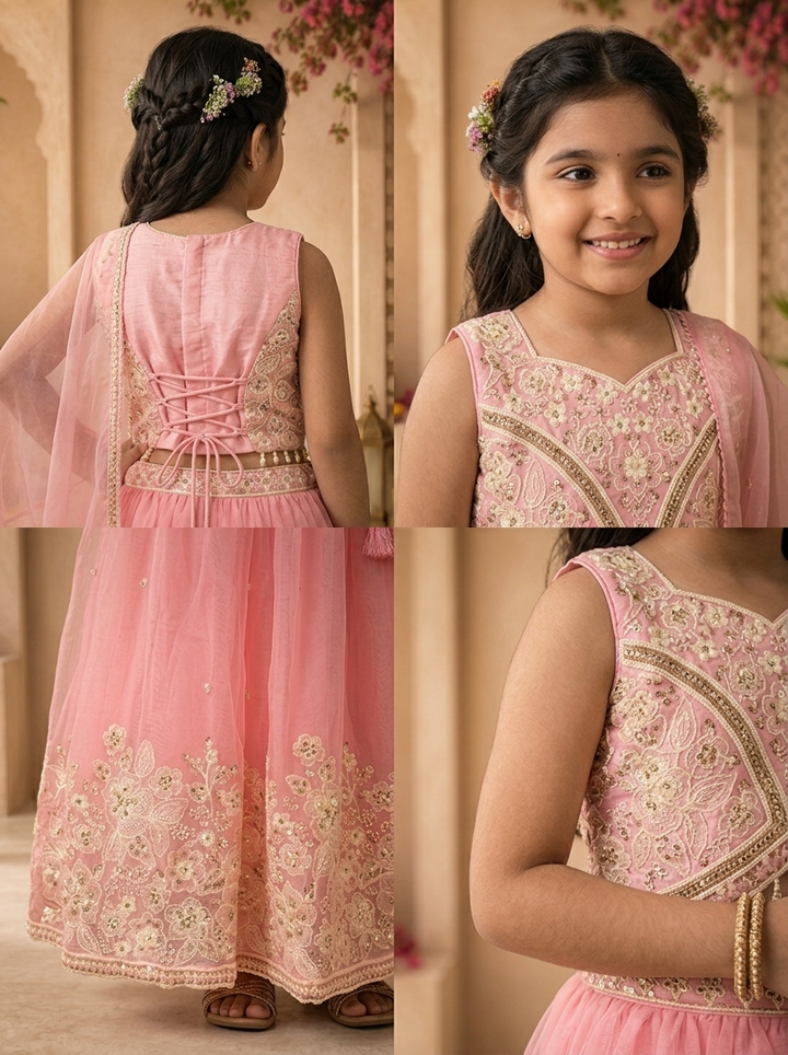 Pink Tissue Floral Stone And Thread Embroidered Ghagra Set