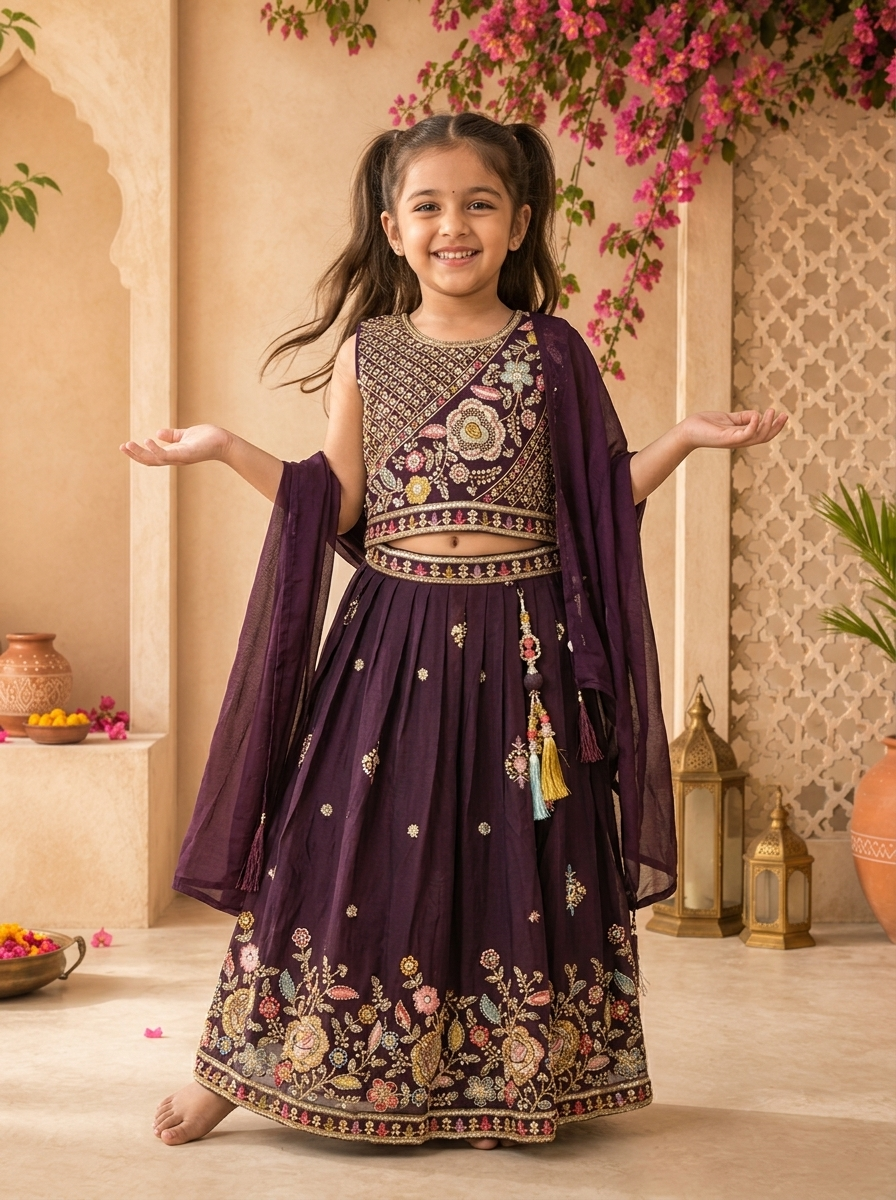 Wine Georgette Multicolor Floral Stone Embroidered Ghagra Set