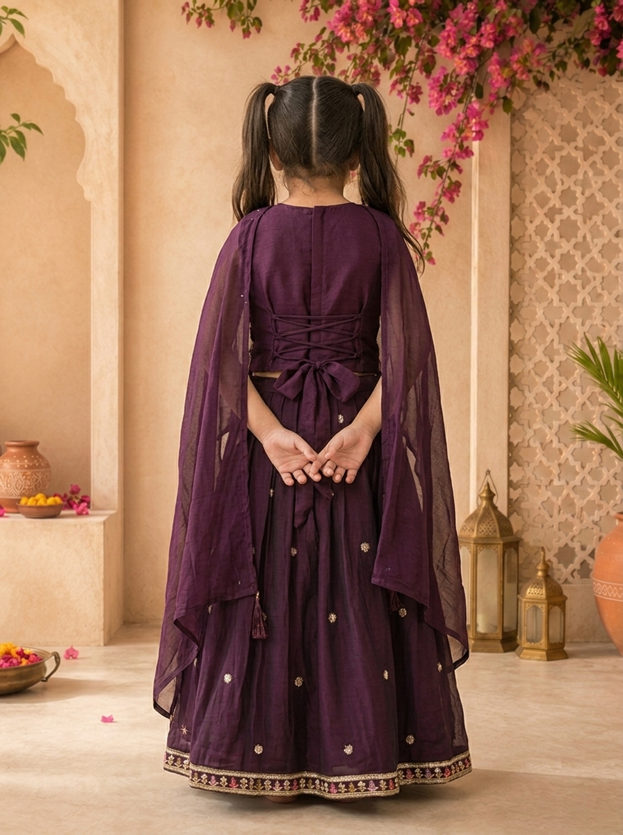 Wine Georgette Multicolor Floral Stone Embroidered Ghagra Set