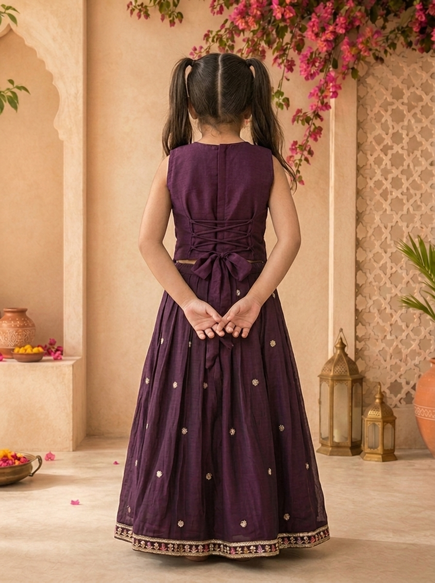 Wine Georgette Multicolor Floral Stone Embroidered Ghagra Set