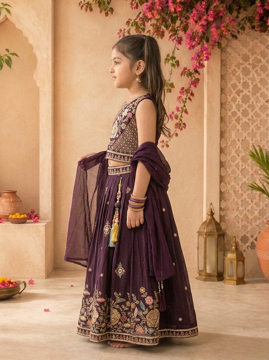 Wine Georgette Multicolor Floral Stone Embroidered Ghagra Set
