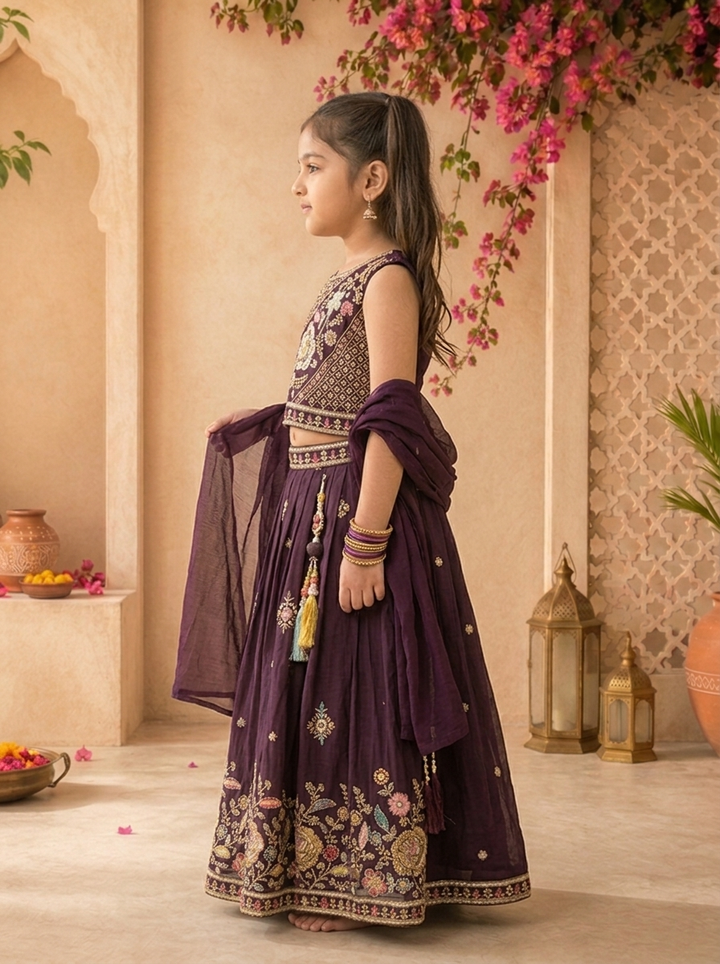 Wine Georgette Multicolor Floral Stone Embroidered Ghagra Set