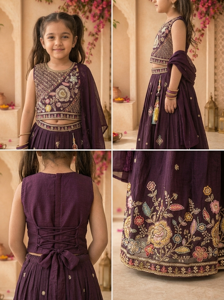 Wine Georgette Multicolor Floral Stone Embroidered Ghagra Set