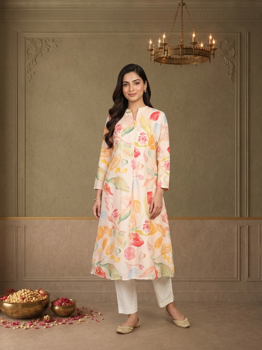 Baby Pink Muslin Multicolour Tulip Floral Printed Kurta