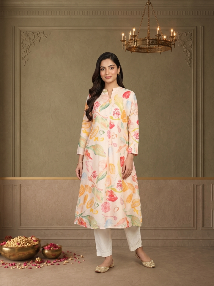 Baby Pink Muslin Multicolour Tulip Floral Printed Kurta