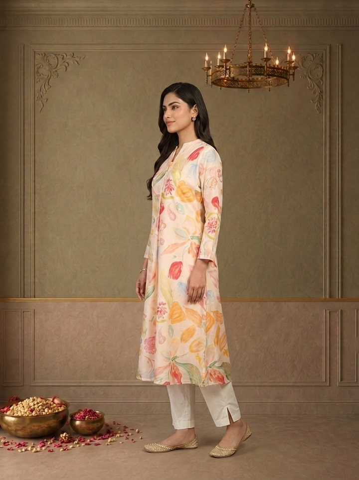 Baby Pink Muslin Multicolour Tulip Floral Printed Kurta