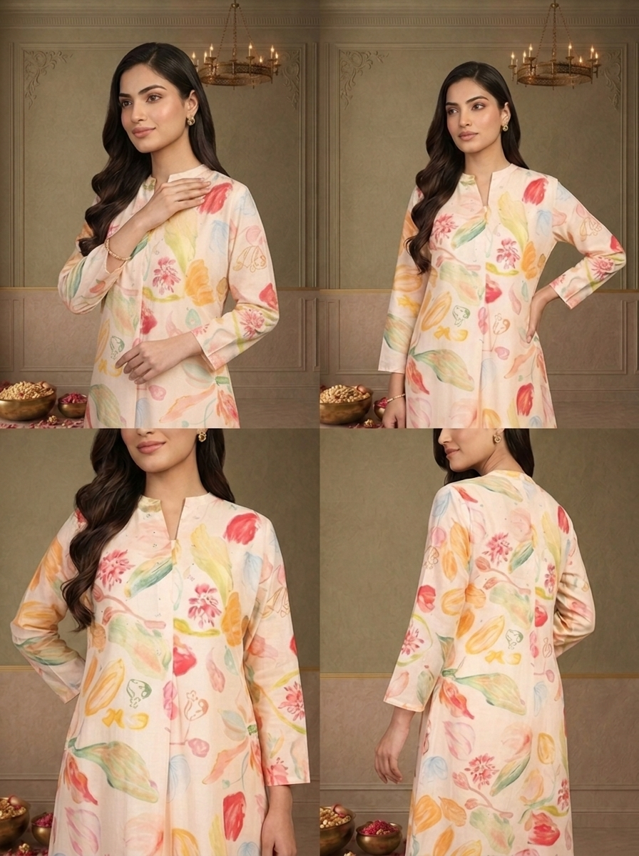 Baby Pink Muslin Multicolour Tulip Floral Printed Kurta