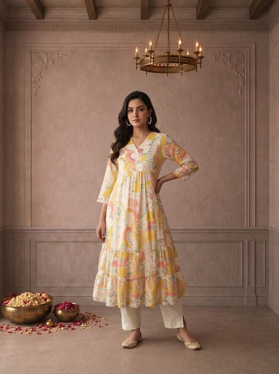 Cream Chanderi Abstract Geometric Printed Anarkali Kurta