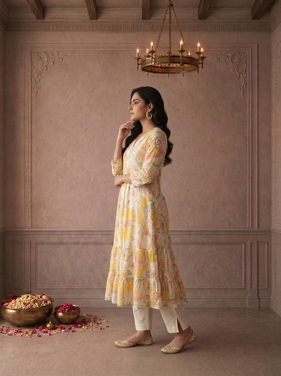 Cream Chanderi Abstract Geometric Printed Anarkali Kurta